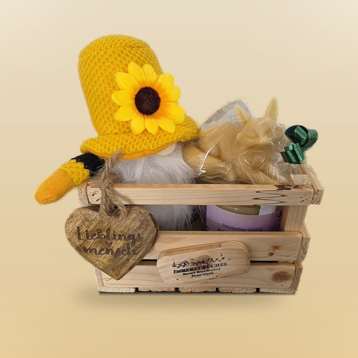 Sonnenblumen-Wichtel klein – handgemachte Honig-Geschenkkiste der Imkerei Büchel Rostock